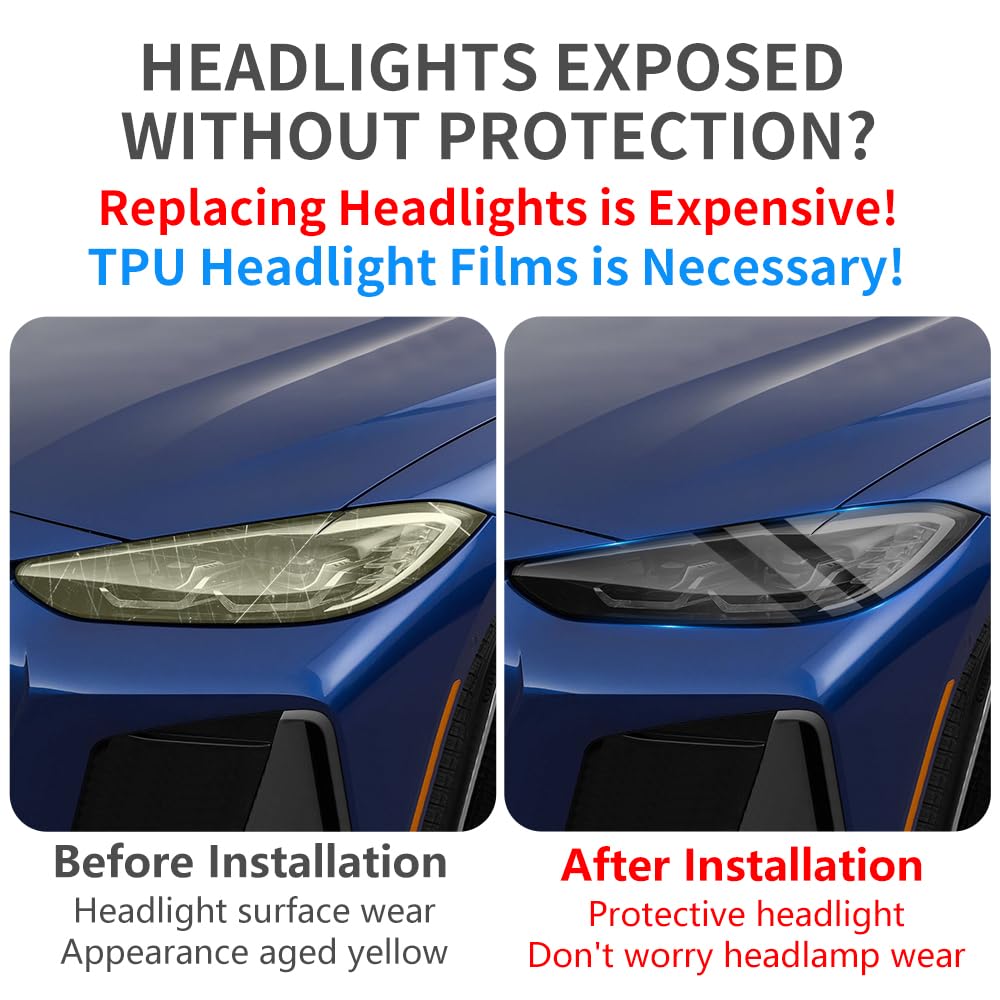 Matte Tint TPU Headlight Protective Film for BMW 4 Series / M4 / i4 / Gran Coupe (2021-2026) — Pre-Cut Self-Healing PPF, Smoky Black Vinyl Wrap - Goecice