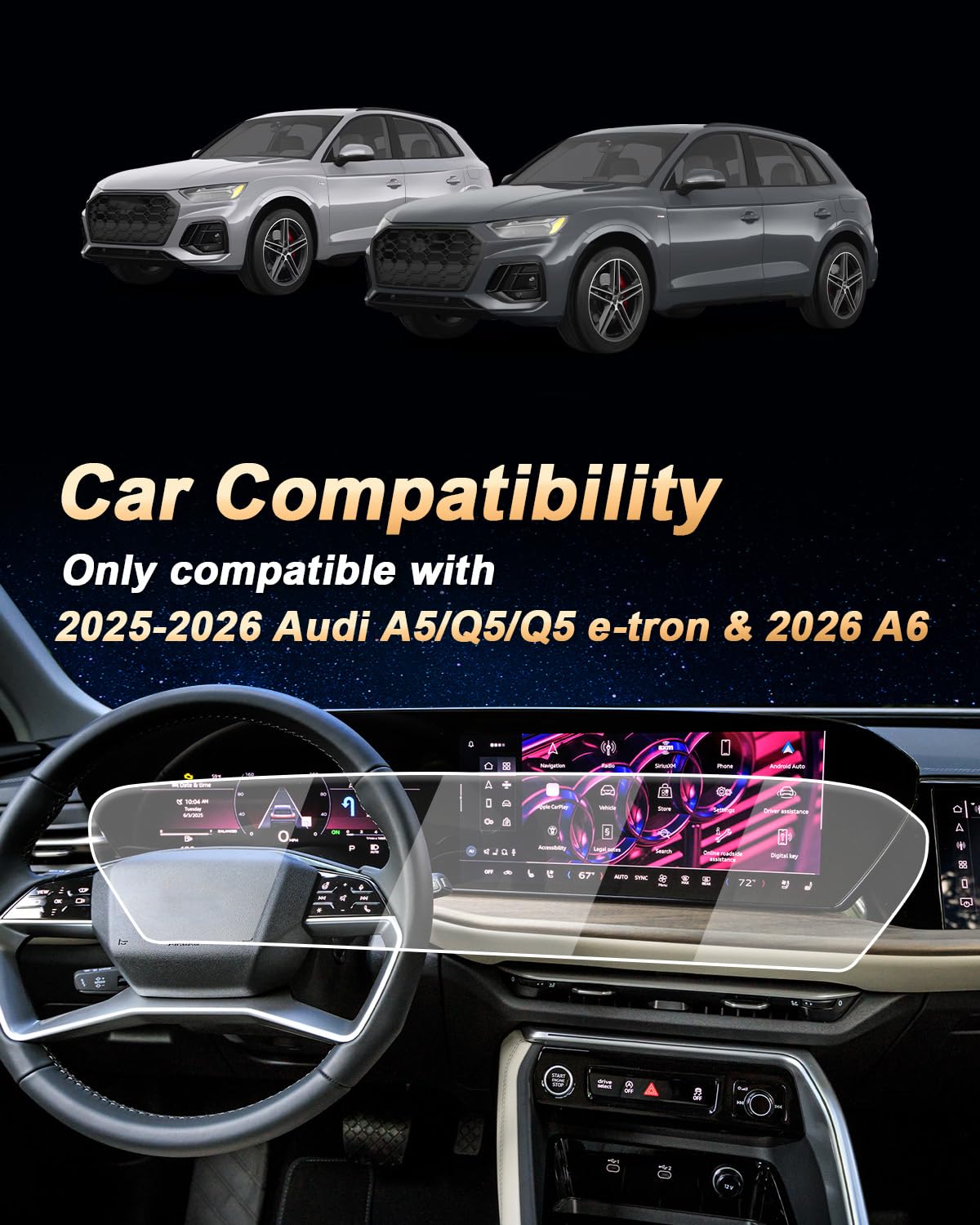 9H Tempered Glass Screen Protector for 2025 2026 Audi A5 Q5 S5 A6 (14.5"+11.9" Integrated Set) - AutoGearHub